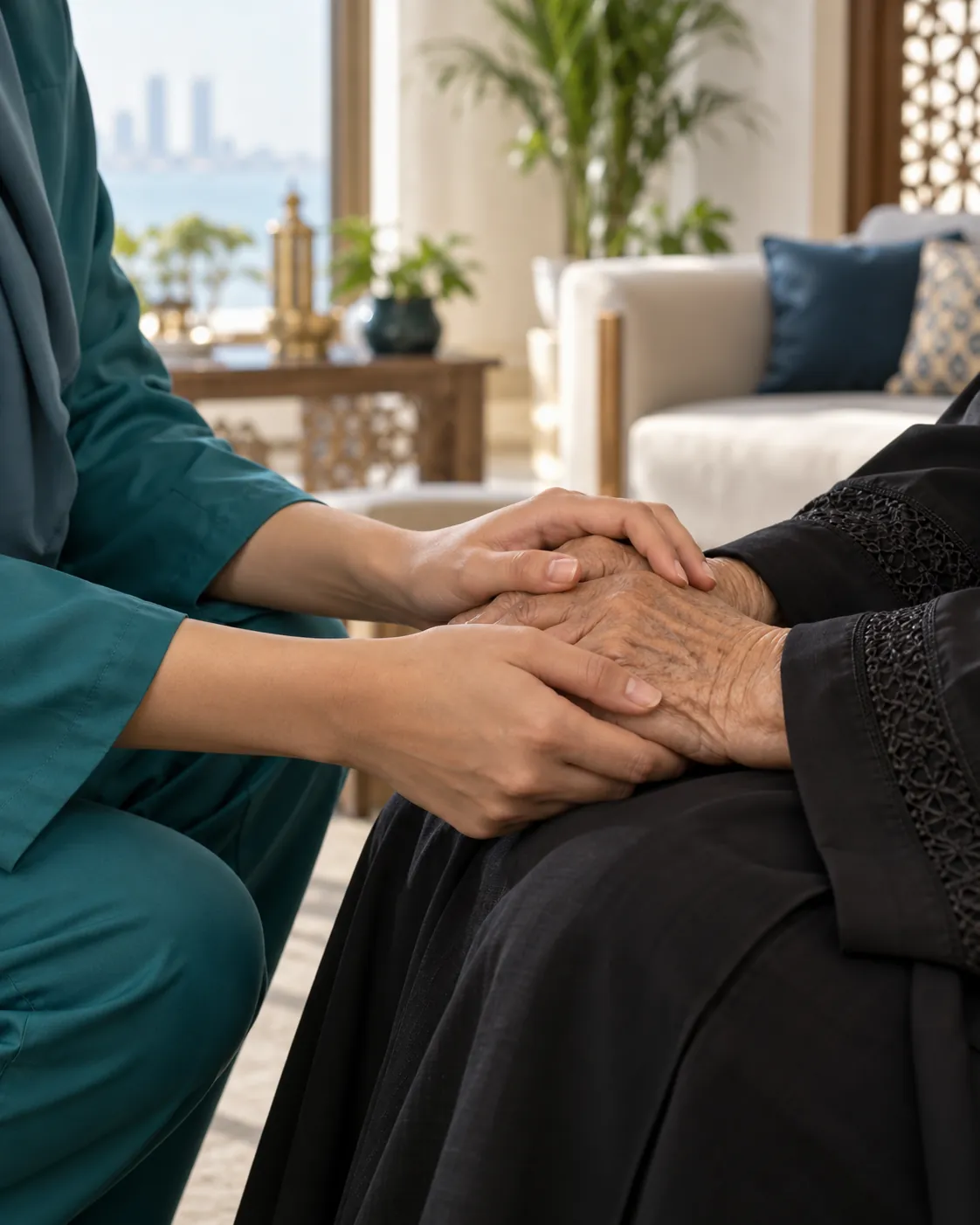 A caregiver's hands gently holding an elderly person's hands