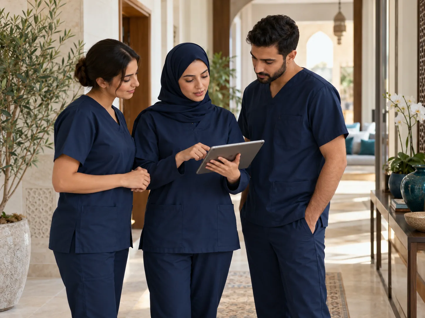 Three nurses in navy scrubs reviewing a care plan on a tablet